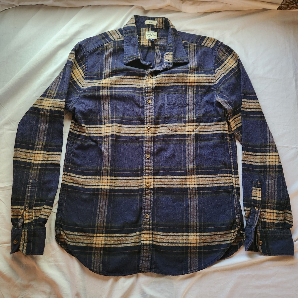 J.Crew Slim Fit Flannel Shirt Men's Large Navy Blue Tan Plaid Cotton